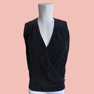 Gorgeous metallic black sleeveless wrap-style top